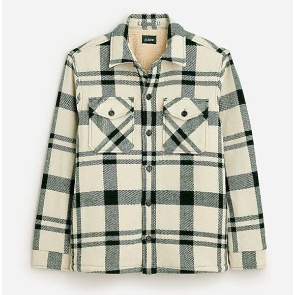 J Crew Men’s Shirt-jacket Sherpa Lining Large NWT Green Plaid Shacket - Picture 1 of 10